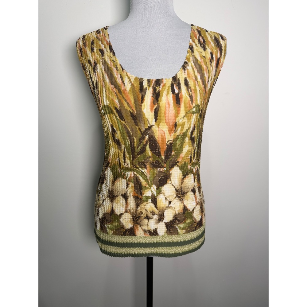Nicola Womens XL Floral Tropical Crinkle Textured Tank Top Metallic Gold Accents